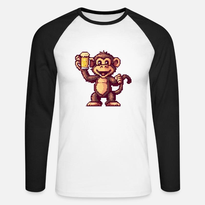 Affe Pixel Bier - Unisex Baseballshirt langarm - Weiß/Schwarz