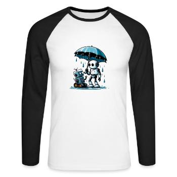 Roboter unter dem Regenschirm im Regen - Unisex Baseballshirt langarm - Weiß/Schwarz - Vorne - Nik (191cm)