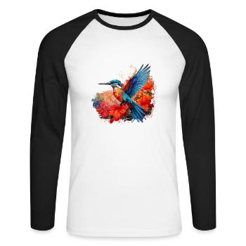 Eisvogel,Kolibri, Hibiskus,Blumen,bunt - Unisex Baseballshirt langarm - Weiß/Schwarz - Vorne - Nik (191cm)