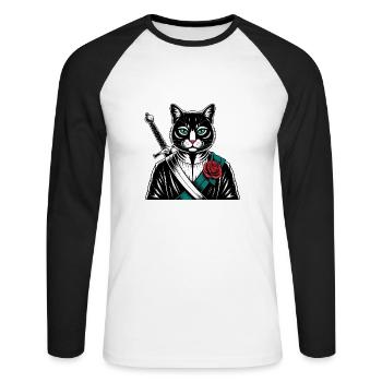 Die Samurai-Katze, die Bushido-Katze - Unisex Baseballshirt langarm - Weiß/Schwarz - Vorne - Nik (191cm)