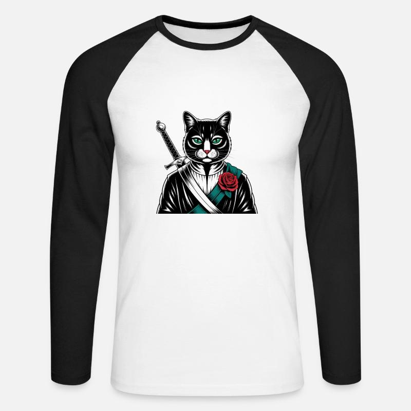 Die Samurai-Katze, die Bushido-Katze - Unisex Baseballshirt langarm - Weiß/Schwarz