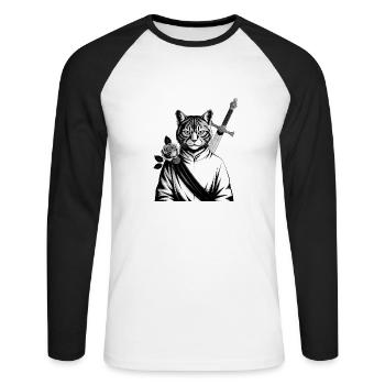 Die Samurai-Katze, die Bushido-Katze - Unisex Baseballshirt langarm - Weiß/Schwarz - Vorne - Nik (191cm)