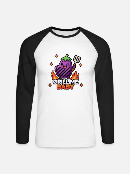 Kawaii Chibi süße Aubergine – Grill Me Baby BBQ Wortspiel - Unisex Baseballshirt langarm - Weiß/Schwarz