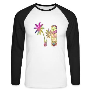 Lustige Tiki Statue am Strand - Unisex Baseballshirt langarm - Weiß/Schwarz - Vorne - Nik (191cm)