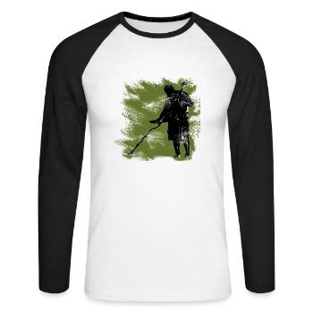 Ein Schatzsucher mit dem Metalldetektor und Spaten - Unisex Baseballshirt langarm - Weiß/Schwarz - Vorne - Nik (191cm)