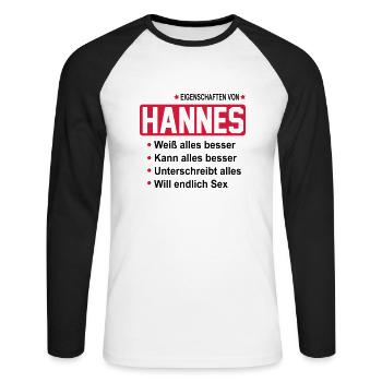hannes - Unisex Baseballshirt langarm - Weiß/Schwarz - Vorne - Nik (191cm)
