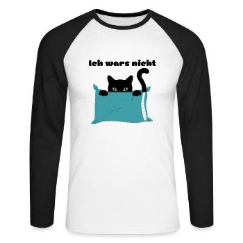 Katze versteckt sich hinter Kissen -Ich wars nicht - Unisex Baseballshirt langarm - Weiß/Schwarz - Vorne - Nik (191cm)