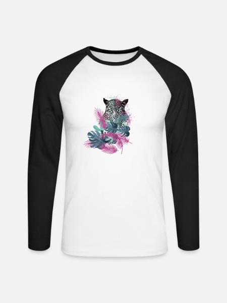 leopard, katze,wildkatze,malerei,blätter,dschungel - Unisex Baseballshirt langarm - Weiß/Schwarz