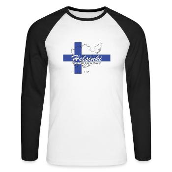 Helsinki - Hauptstadt mit GPS & Flagge - Unisex Baseballshirt langarm - Weiß/Schwarz - Vorne - Nik (191cm)