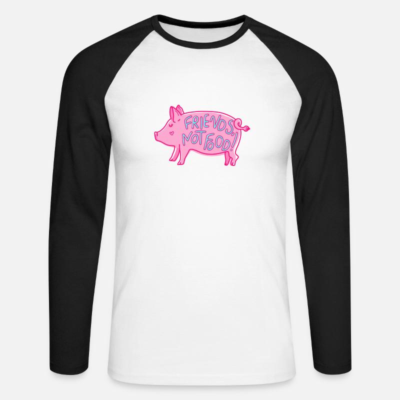 Maiale dolce che dice amici non cibo vegano - Maglia da baseball a manica lunga da uomo - bianco/nero