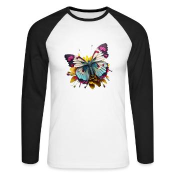 Papillon coloré avec motif d’été de fleur Cartoon - T-shirt baseball manches longues Homme - blanc/noir - Devant - Nik (191cm)