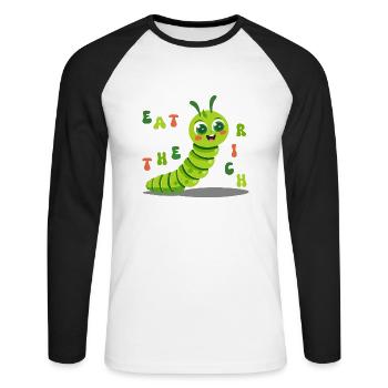 Cute Caterpillar - eat the rich - Unisex Long Sleeve Baseball T-Shirt - white/black - Front - Nik (191cm)