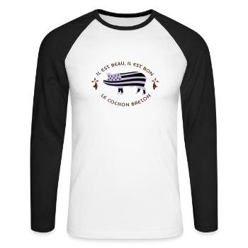 BRETAGNE - GWENN HA DU - COCHON BRETON - T-shirt baseball manches longues Homme - blanc/noir - Devant - Nik (191cm)