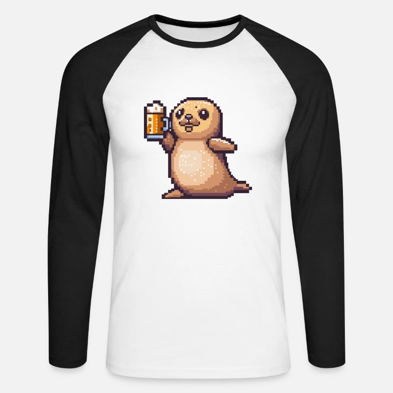 Robbe Tier Pixel Bier - Unisex Baseballshirt langarm - Weiß/Schwarz