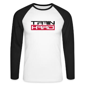 workout cool design text hantel train hard trainie - Unisex Baseballshirt langarm - Weiß/Schwarz - Vorne - Nik (191cm)