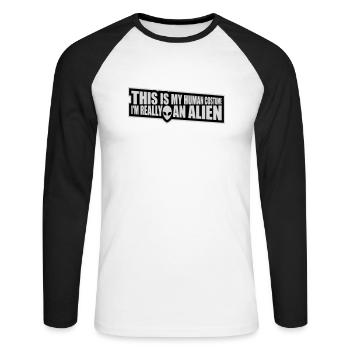 human costume alien Zitat - Unisex Baseballshirt langarm - Weiß/Schwarz - Vorne - Nik (191cm)