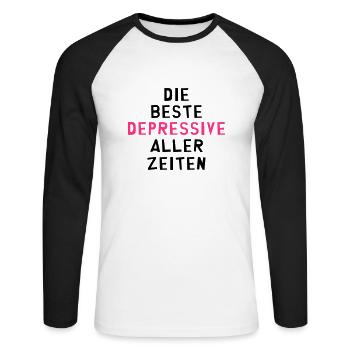 Depressiver - Depressive - Depressiv - Bipolar - Unisex Baseballshirt langarm - Weiß/Schwarz - Vorne - Nik (191cm)