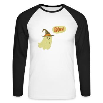 Geist. Halloween. Boo. Gruselig. Gespenst - Unisex Baseballshirt langarm - Weiß/Schwarz - Vorne - Nik (191cm)