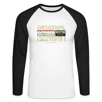 Anniversaire Octobre 1991 Original | Octobre 1991 - T-shirt baseball manches longues Homme - blanc/noir - Devant - Nik (191cm)
