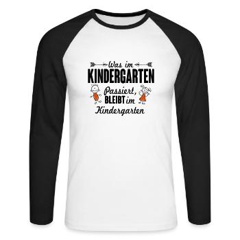 Was im Kindergarten passiert bleibt dort - Unisex Baseballshirt langarm - Weiß/Schwarz - Vorne - Nik (191cm)
