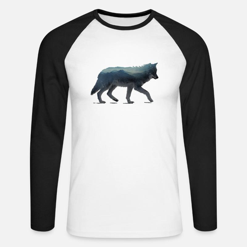 Wolf Berge Aquarell - Unisex Baseballshirt langarm - Weiß/Schwarz