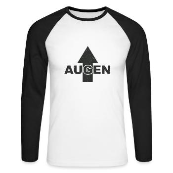 Achtung Augen hier Oben - Unisex Baseballshirt langarm - Weiß/Schwarz - Vorne - Nik (191cm)
