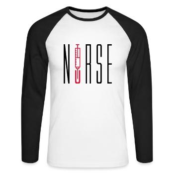 nurse doctor text stechen spritze blut arzt abhoer - Unisex Baseballshirt langarm - Weiß/Schwarz - Vorne - Nik (191cm)