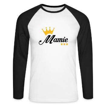 Mamie / Mamy / Grand Mere / Grand-Mère / Bébé - T-shirt baseball manches longues Homme - blanc/noir - Devant - Nik (191cm)