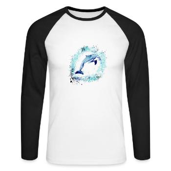 Delfin, graffiti, malerei,blau,fisch, - Unisex Baseballshirt langarm - Weiß/Schwarz - Vorne - Nik (191cm)