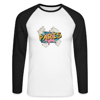 Paris France City Font Pop Art Comic - T-shirt baseball manches longues Homme - blanc/noir - Devant - Nik (191cm)