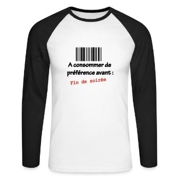 T-shirt Humour célibataire : A consommer - T-shirt baseball manches longues Homme - blanc/noir - Devant - Nik (191cm)