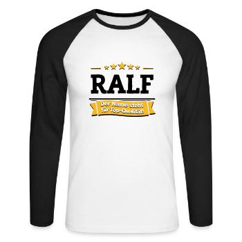 Ralf – Der Name steht für Top-Qualität! - Unisex Baseballshirt langarm - Weiß/Schwarz - Vorne - Nik (191cm)