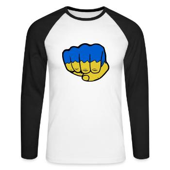 Ukraine Flagge Faust - Unisex Baseballshirt langarm - Weiß/Schwarz - Vorne - Nik (191cm)