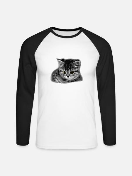 Katze - gelbe Augen - Unisex Baseballshirt langarm - Weiß/Schwarz