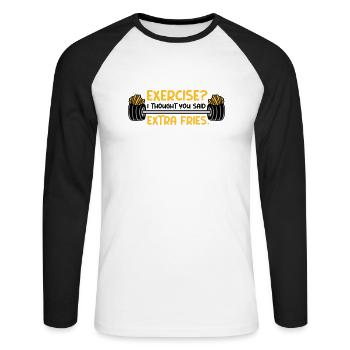 Exercise Extra Fries Zitat - Unisex Baseballshirt langarm - Weiß/Schwarz - Vorne - Nik (191cm)