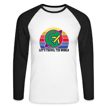 Parcourons le monde. Avion, tour du monde - T-shirt baseball manches longues Homme - blanc/noir - Devant - Nik (191cm)