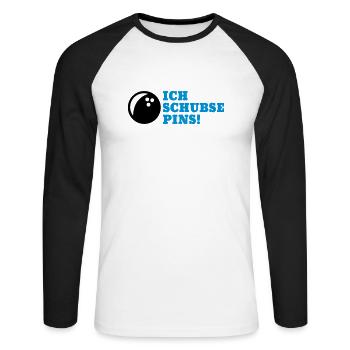 Ich schubse Pins - Spruch Bowling Geschenk - Unisex Baseballshirt langarm - Weiß/Schwarz - Vorne - Nik (191cm)