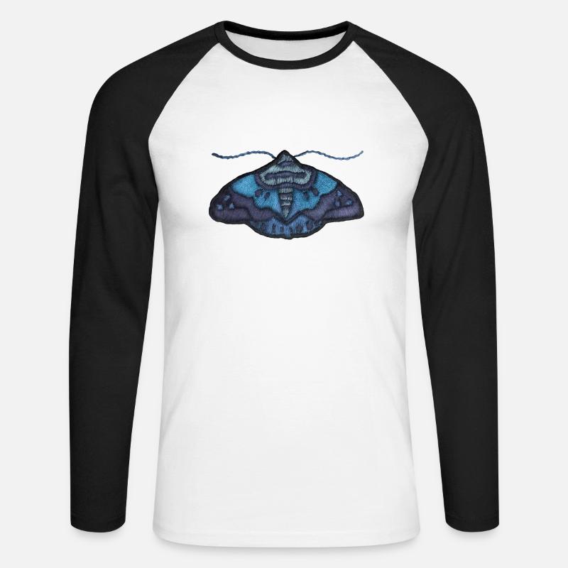 Blaue Motte – einzigartiges Stickmuster - Unisex Baseballshirt langarm - Weiß/Schwarz