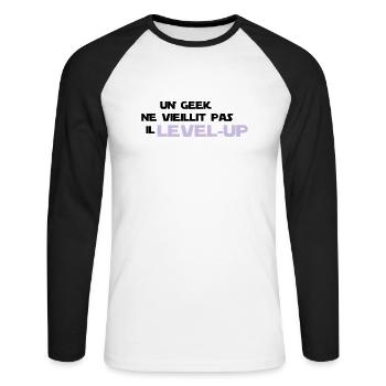 un_geek ne vieillit pas il Level up - T-shirt baseball manches longues Homme - blanc/noir - Devant - Nik (191cm)
