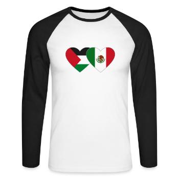 Palestine Mexico Flag Heart - Unisex Long Sleeve Baseball T-Shirt - white/black - Front - Nik (191cm)
