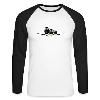 three owls on a branch - Unisex Long Sleeve Baseball T-Shirt - white/black - Front - Nik (191cm)