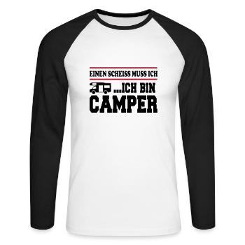 Scheiss muss ich Camping Camper - Unisex Baseballshirt langarm - Weiß/Schwarz - Vorne - Nik (191cm)