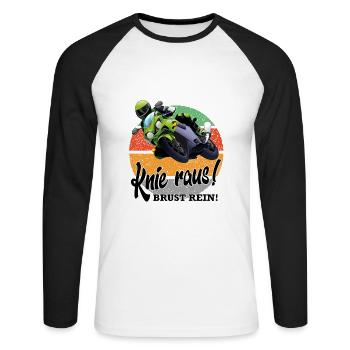 Motorradfahrer Sprüche Knie rein Brust raus - Unisex Baseballshirt langarm - Weiß/Schwarz - Vorne - Nik (191cm)