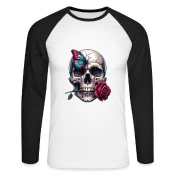 Skull with red rose and butterfly - Unisex Long Sleeve Baseball T-Shirt - white/black - Front - Nik (191cm)