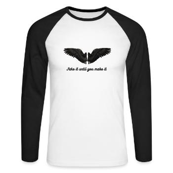 Fake it untle you make it - Unisex Long Sleeve Baseball T-Shirt - white/black - Front - Nik (191cm)