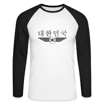 J’aime la Corée du Sud Design T-shirt Outfit - T-shirt baseball manches longues Homme - blanc/noir - Devant - Nik (191cm)