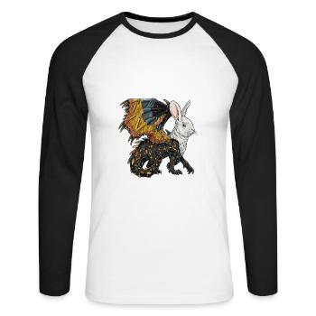 Phantastisches Lebewesen: halb Drache, halb Hase. - Unisex Baseballshirt langarm - Weiß/Schwarz - Vorne - Nik (191cm)