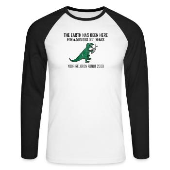 Atheist Dinosaurier vs Religion Fisch Atheismus - Unisex Baseballshirt langarm - Weiß/Schwarz - Vorne - Nik (191cm)