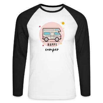 happy camper- Van Life- travel campervan t-shirt - Unisex Long Sleeve Baseball T-Shirt - white/black - Front - Nik (191cm)