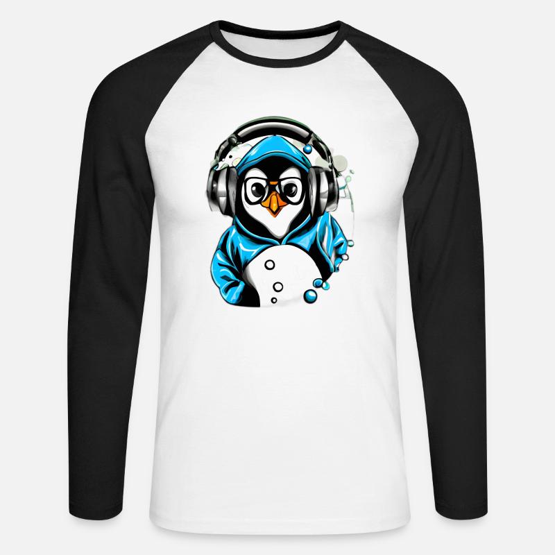 Pinguin mit blauen Pullover - Unisex Baseballshirt langarm - Weiß/Schwarz